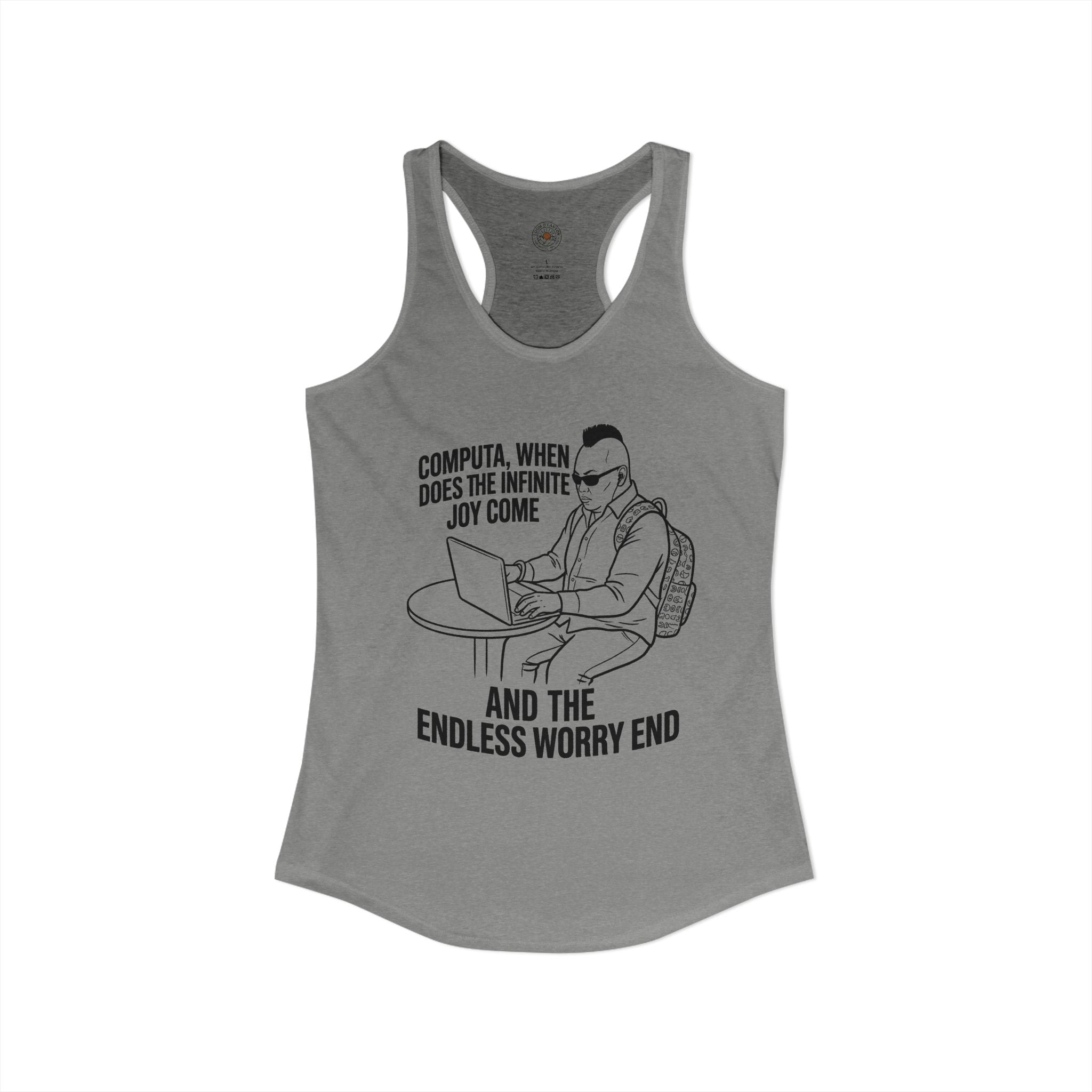 "Computa, When Does The Infinite Joy Come" Funny Meme Women's Graphic Racerback Tank