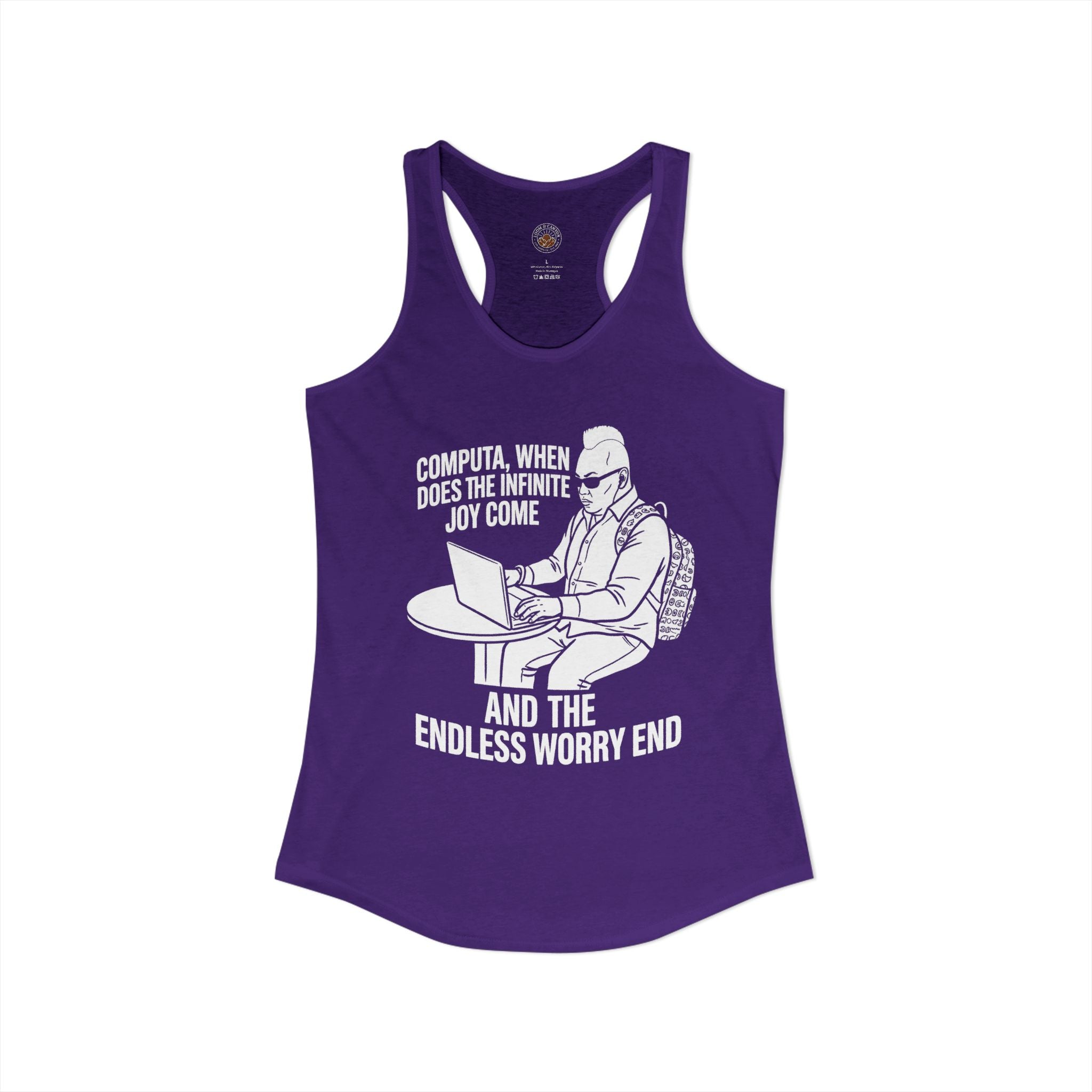 "Computa, When Does The Infinite Joy Come" Funny Meme Women's Graphic Racerback Tank