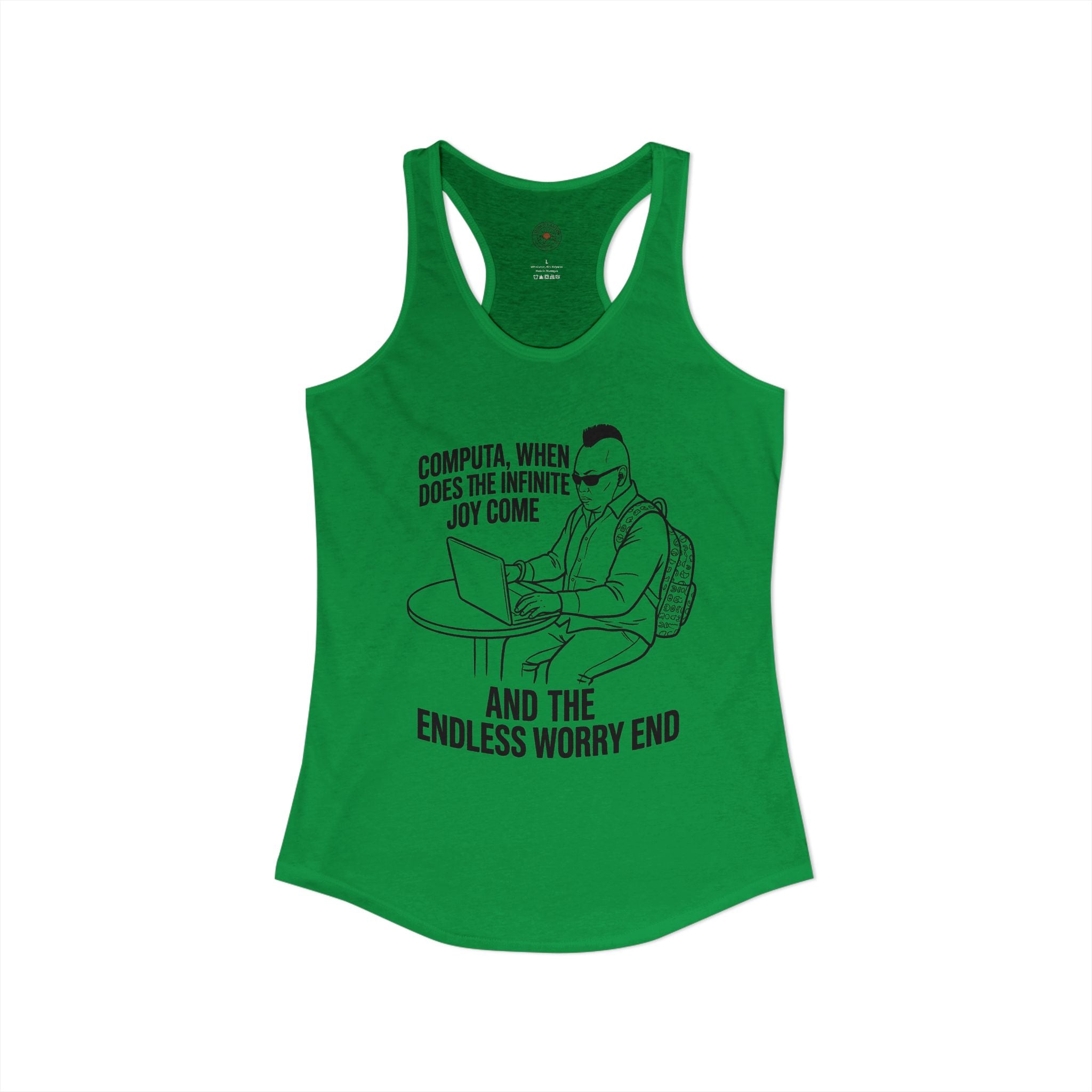 "Computa, When Does The Infinite Joy Come" Funny Meme Women's Graphic Racerback Tank