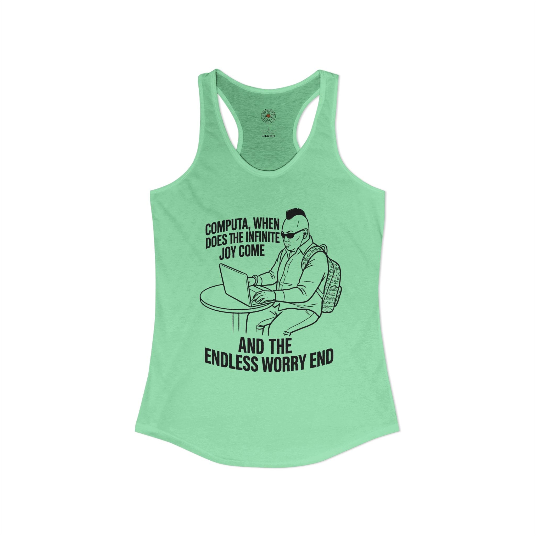 "Computa, When Does The Infinite Joy Come" Funny Meme Women's Graphic Racerback Tank