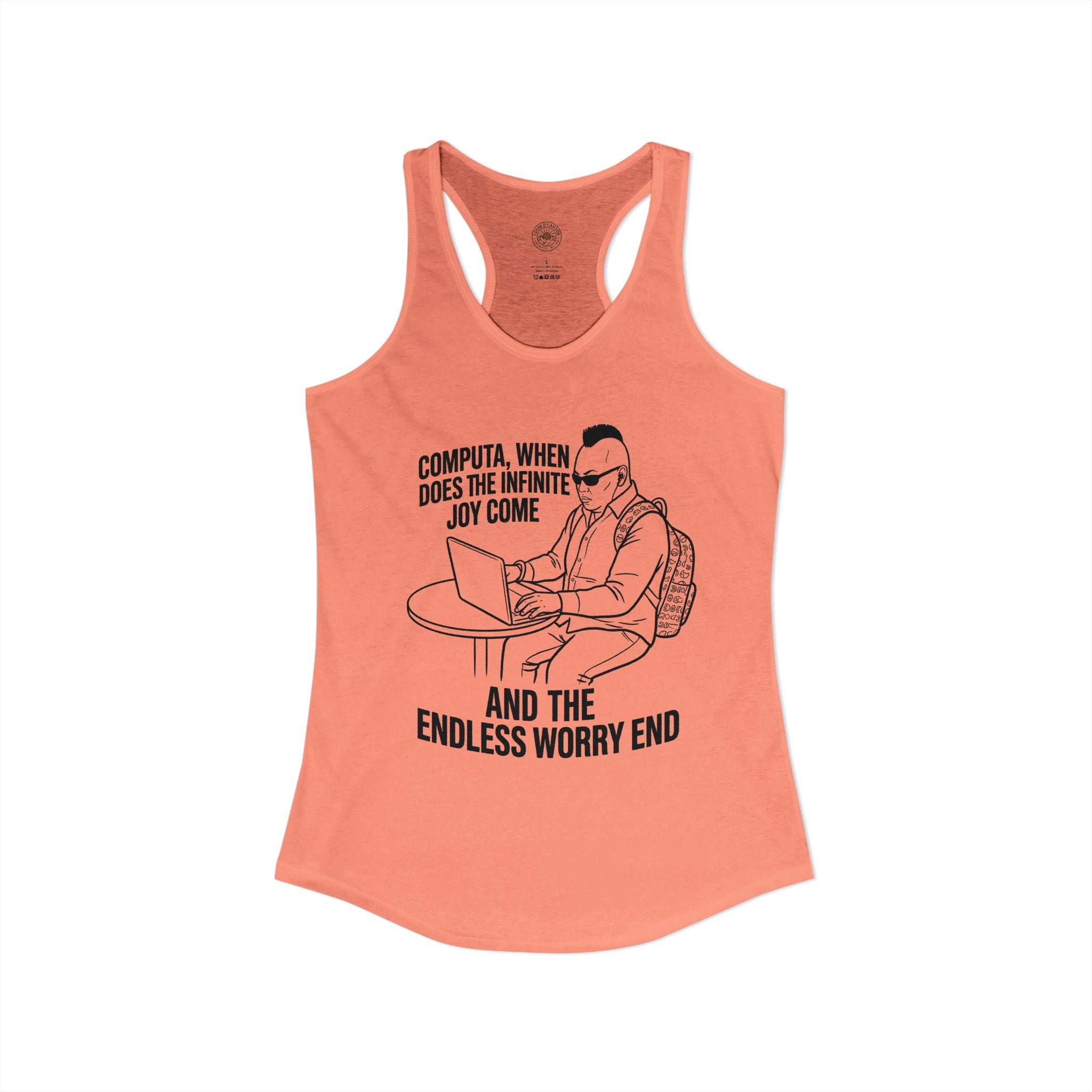 "Computa, When Does The Infinite Joy Come" Funny Meme Women's Graphic Racerback Tank