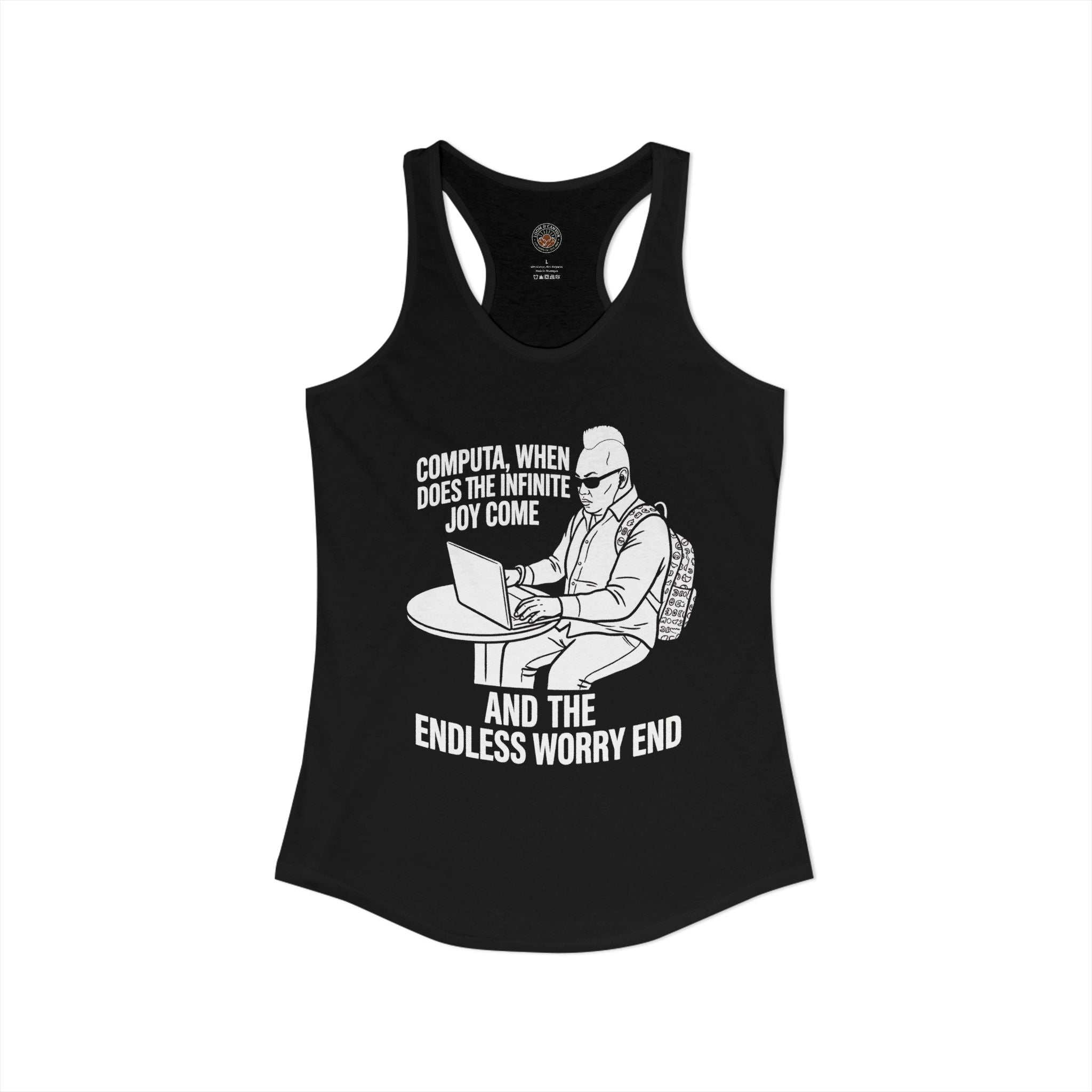 "Computa, When Does The Infinite Joy Come" Funny Meme Women's Graphic Racerback Tank