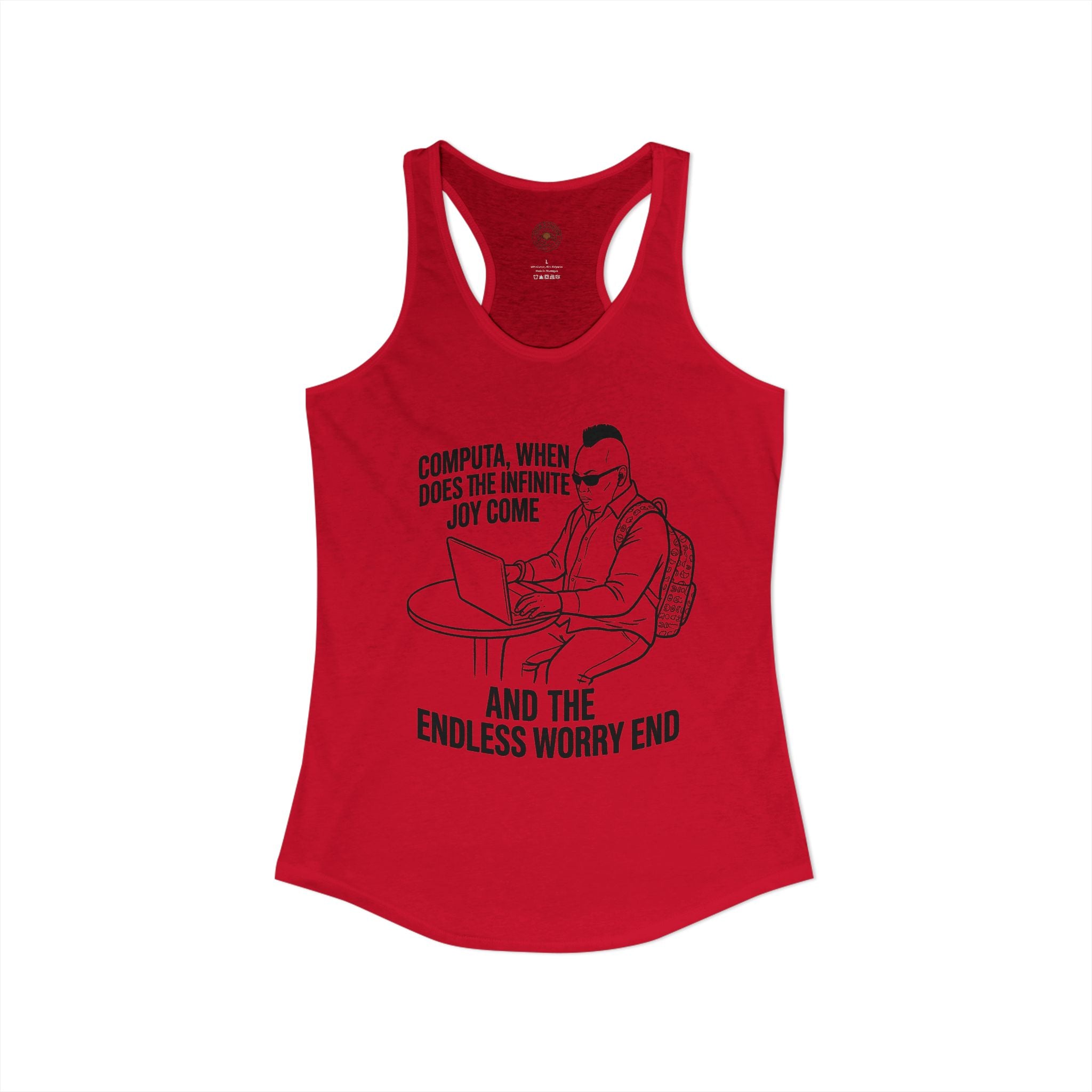"Computa, When Does The Infinite Joy Come" Funny Meme Women's Graphic Racerback Tank