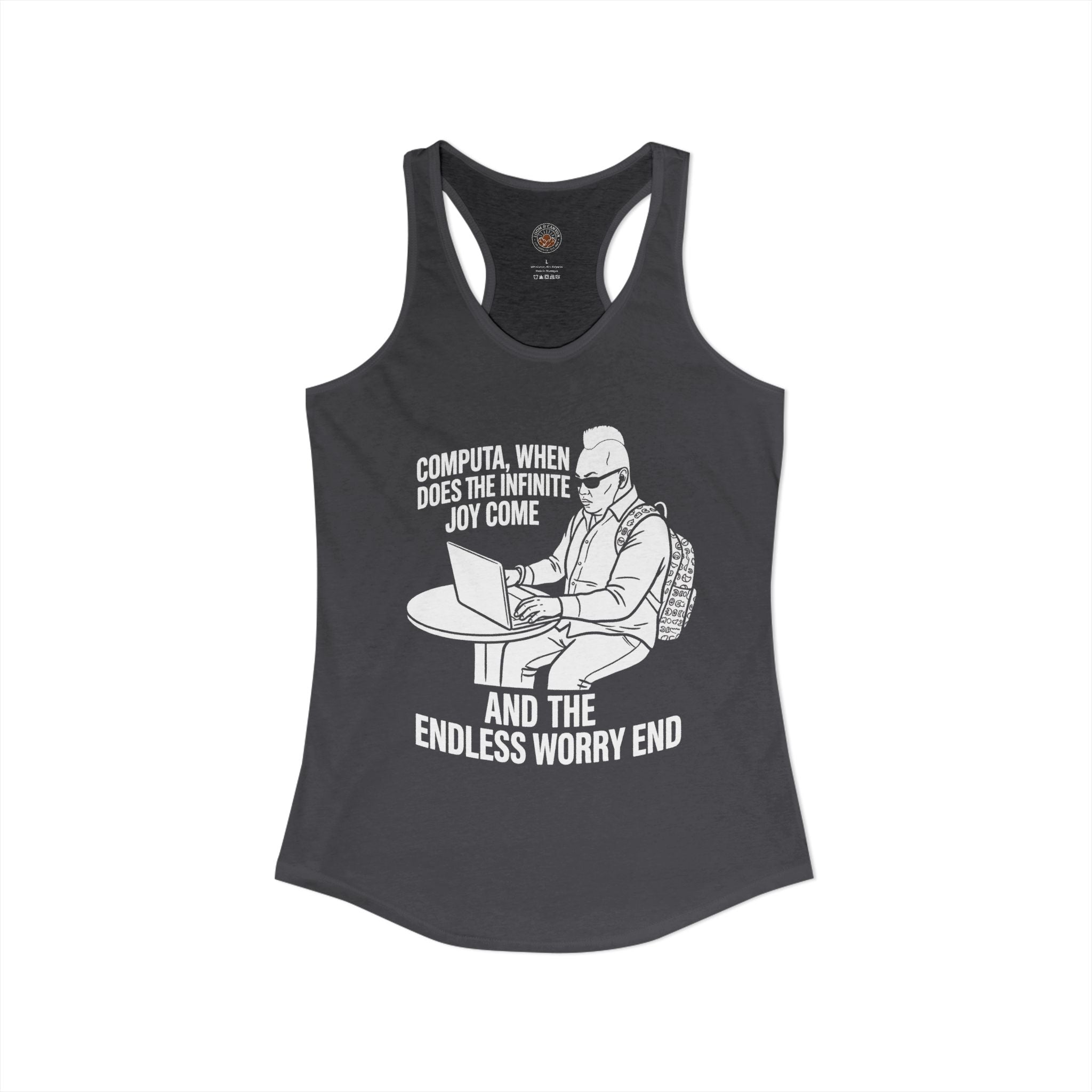 "Computa, When Does The Infinite Joy Come" Funny Meme Women's Graphic Racerback Tank