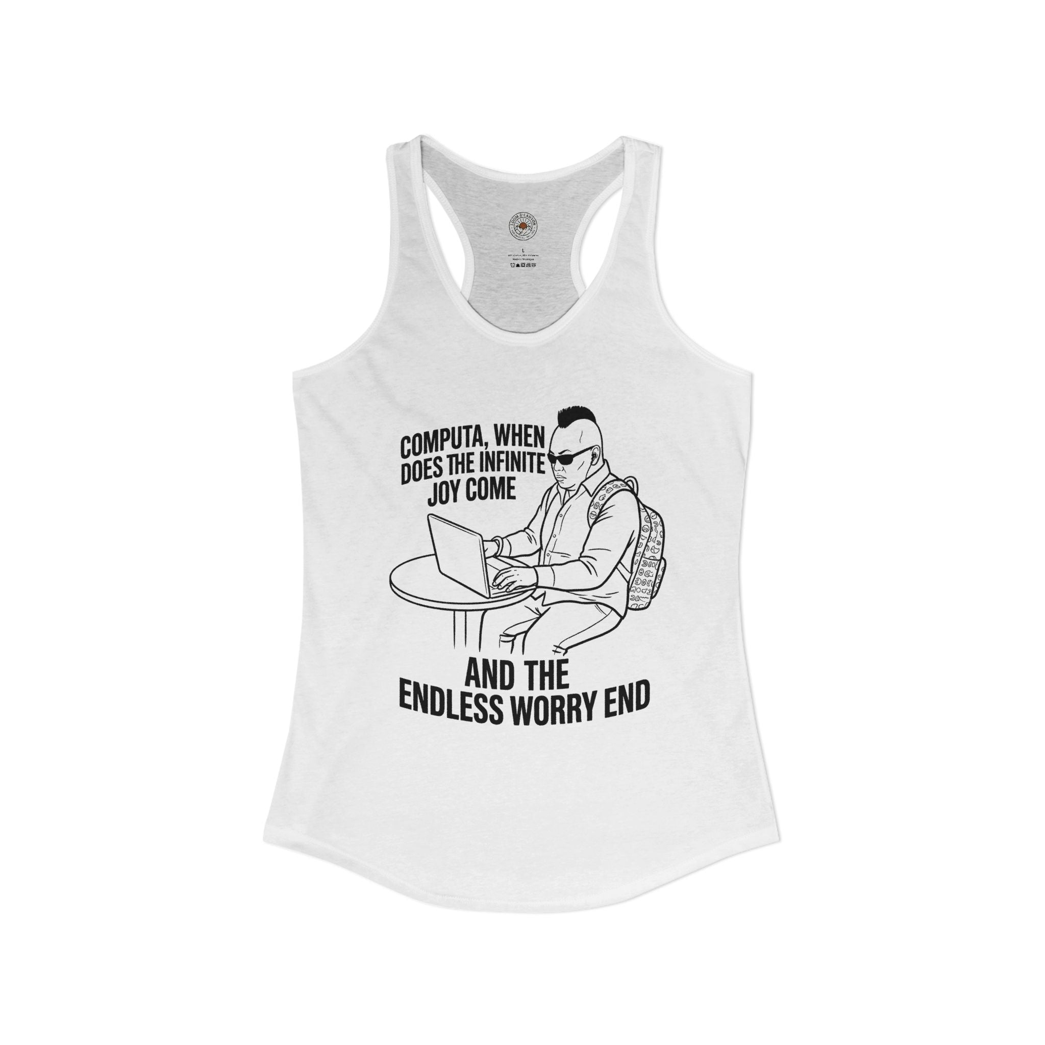 "Computa, When Does The Infinite Joy Come" Funny Meme Women's Graphic Racerback Tank