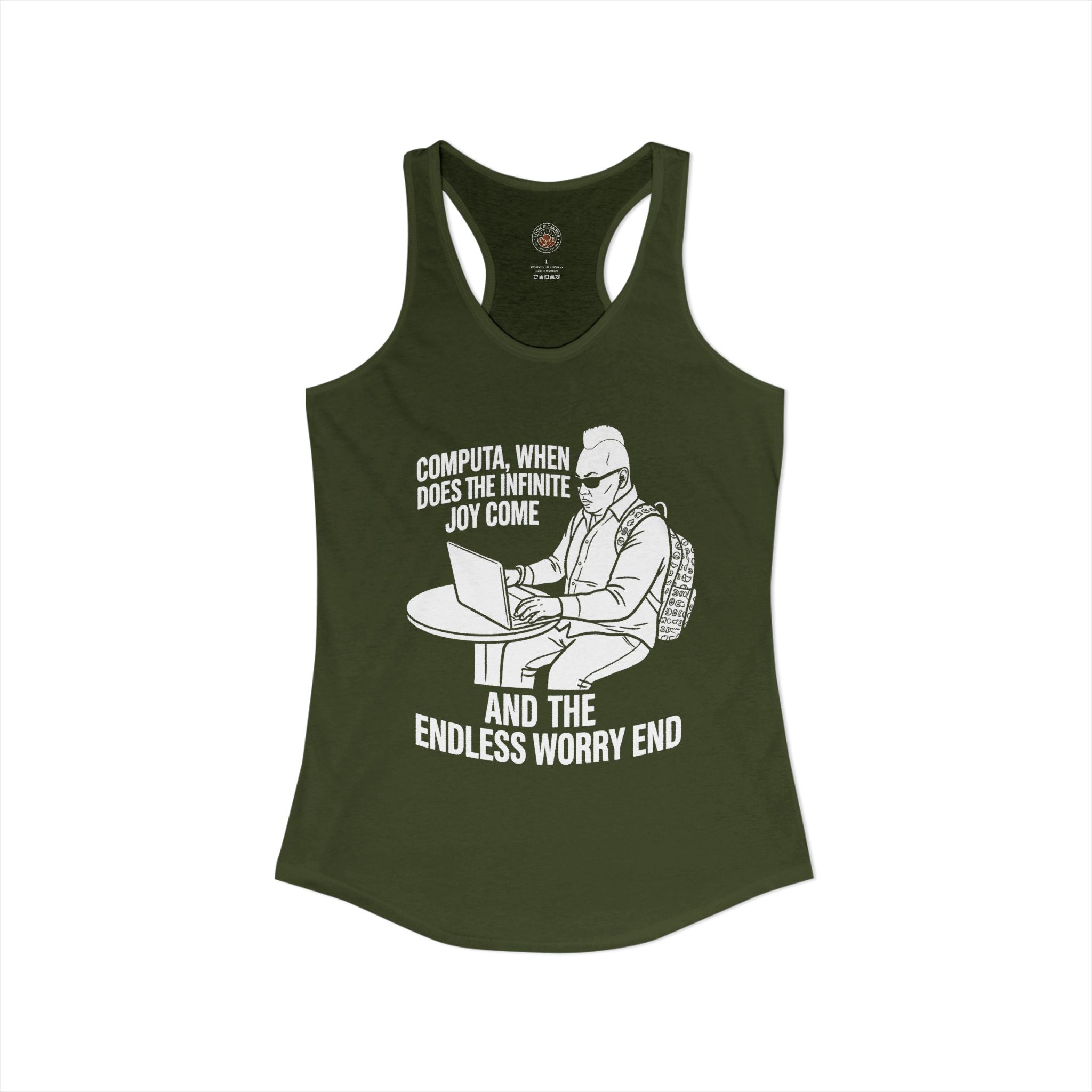 "Computa, When Does The Infinite Joy Come" Funny Meme Women's Graphic Racerback Tank