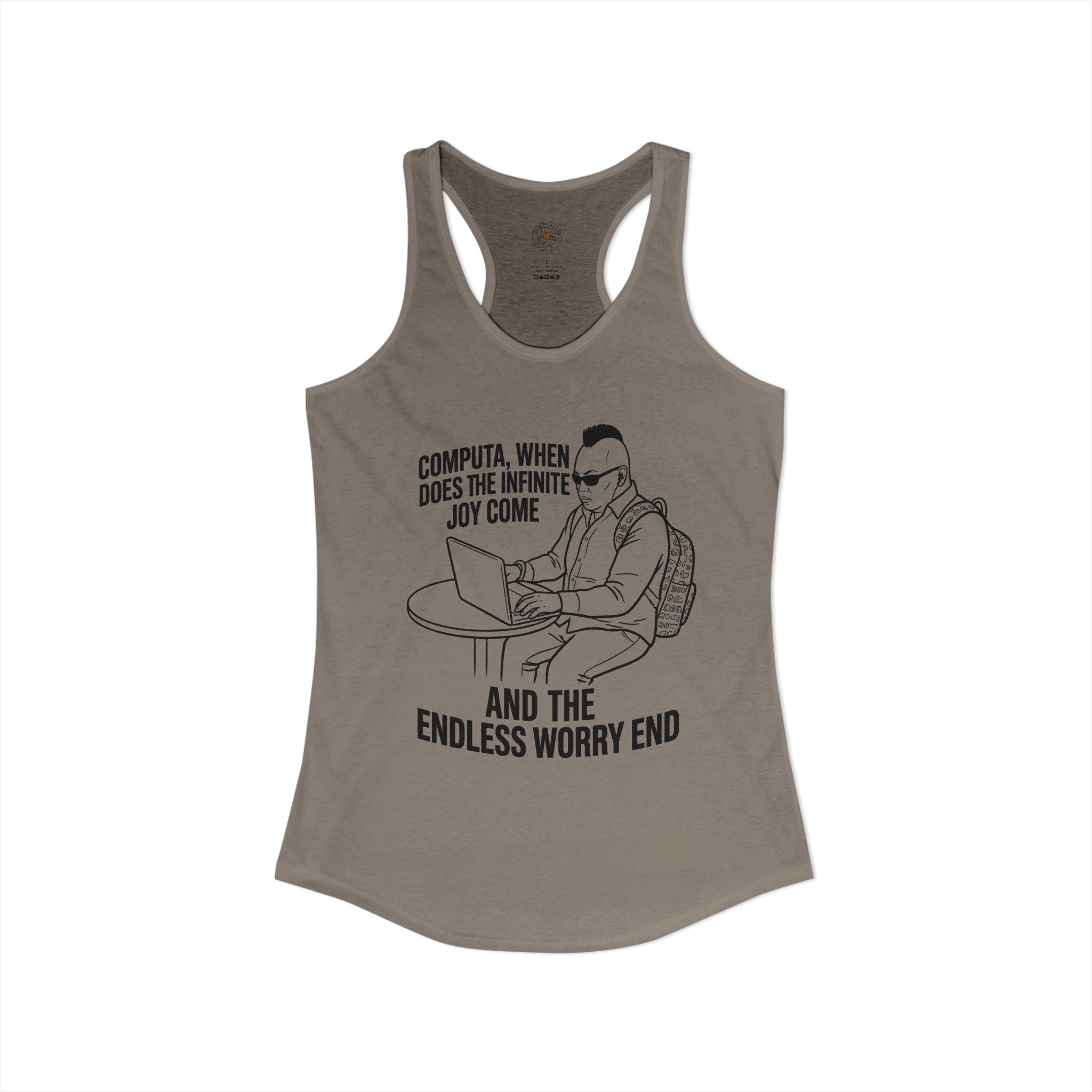 "Computa, When Does The Infinite Joy Come" Funny Meme Women's Graphic Racerback Tank