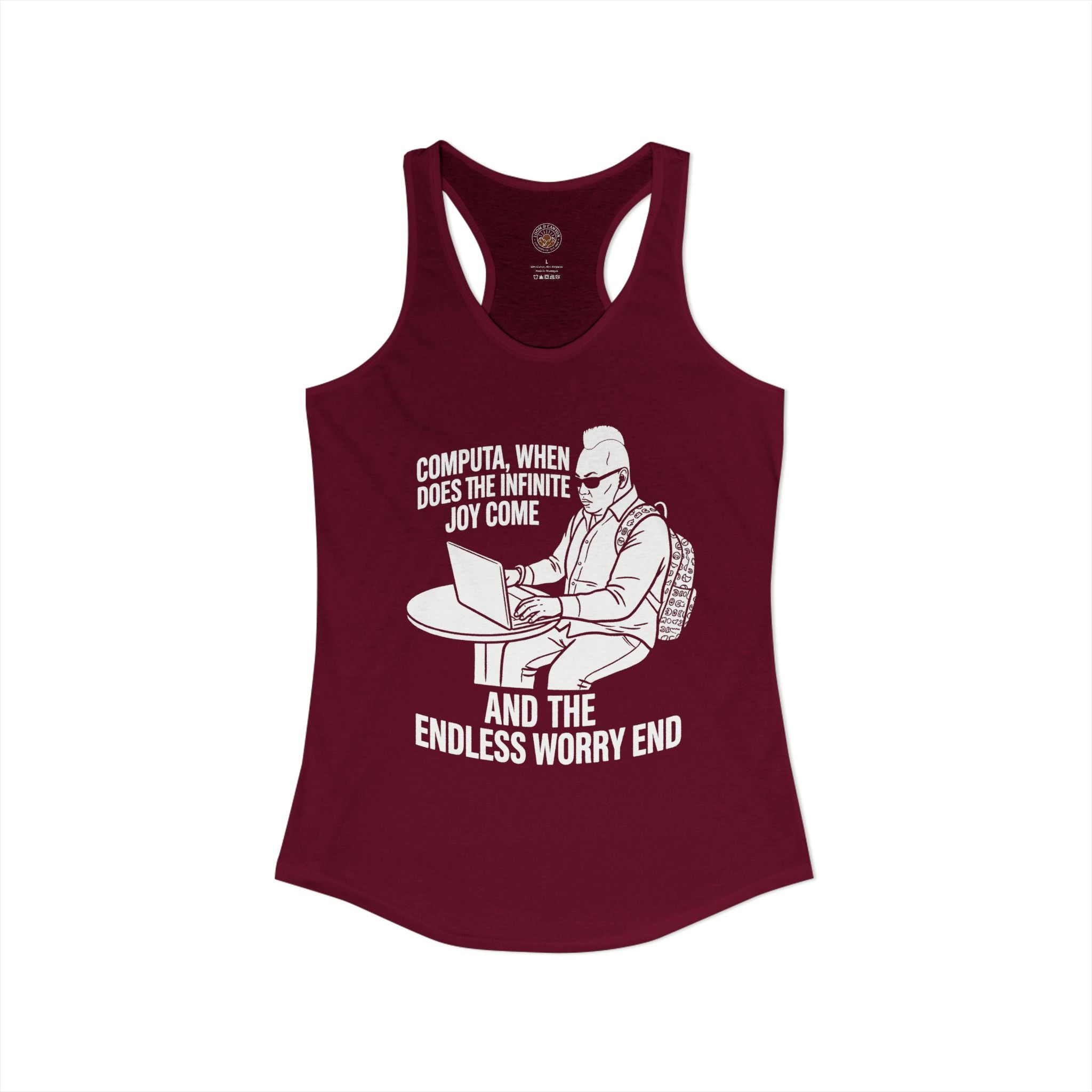 "Computa, When Does The Infinite Joy Come" Funny Meme Women's Graphic Racerback Tank