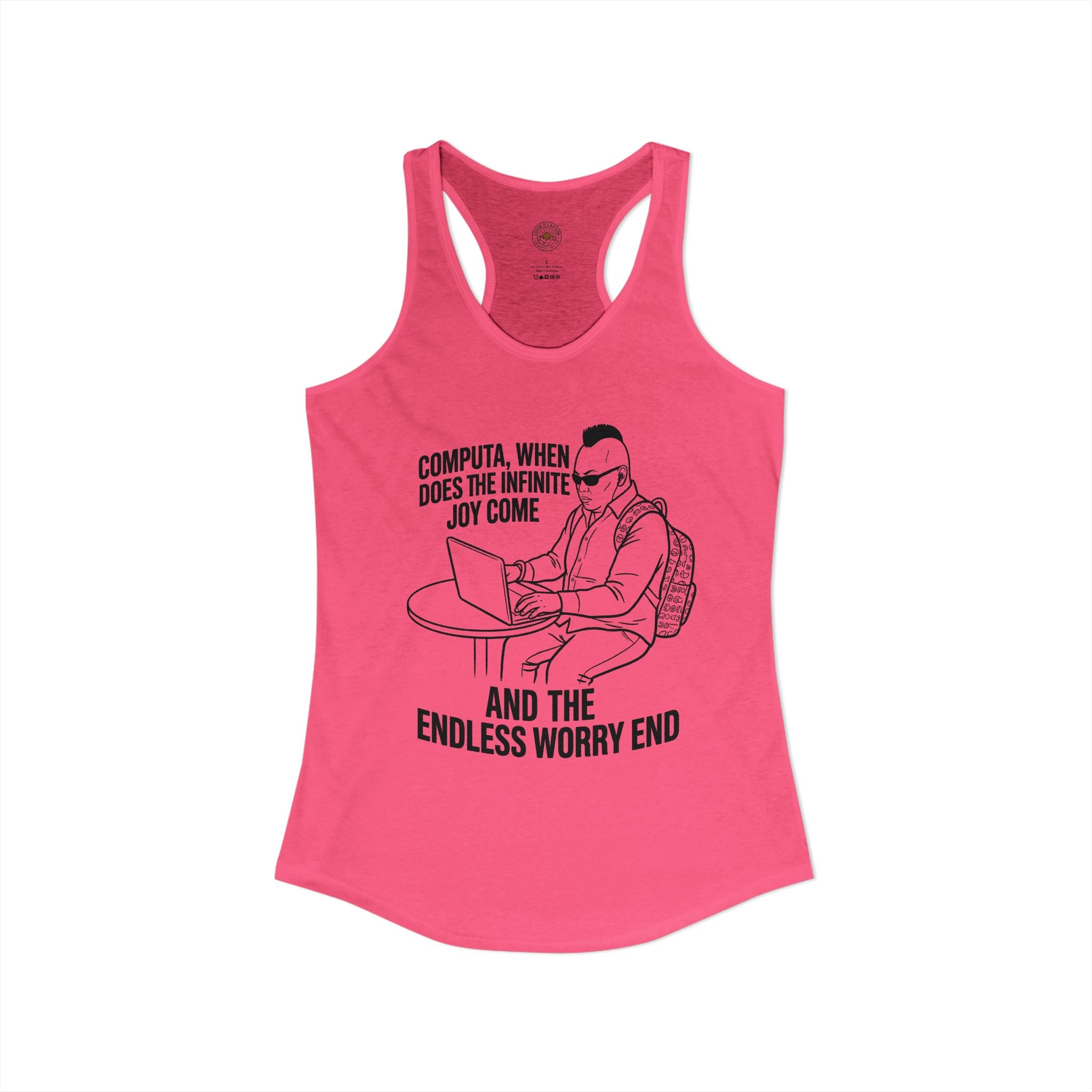 "Computa, When Does The Infinite Joy Come" Funny Meme Women's Graphic Racerback Tank
