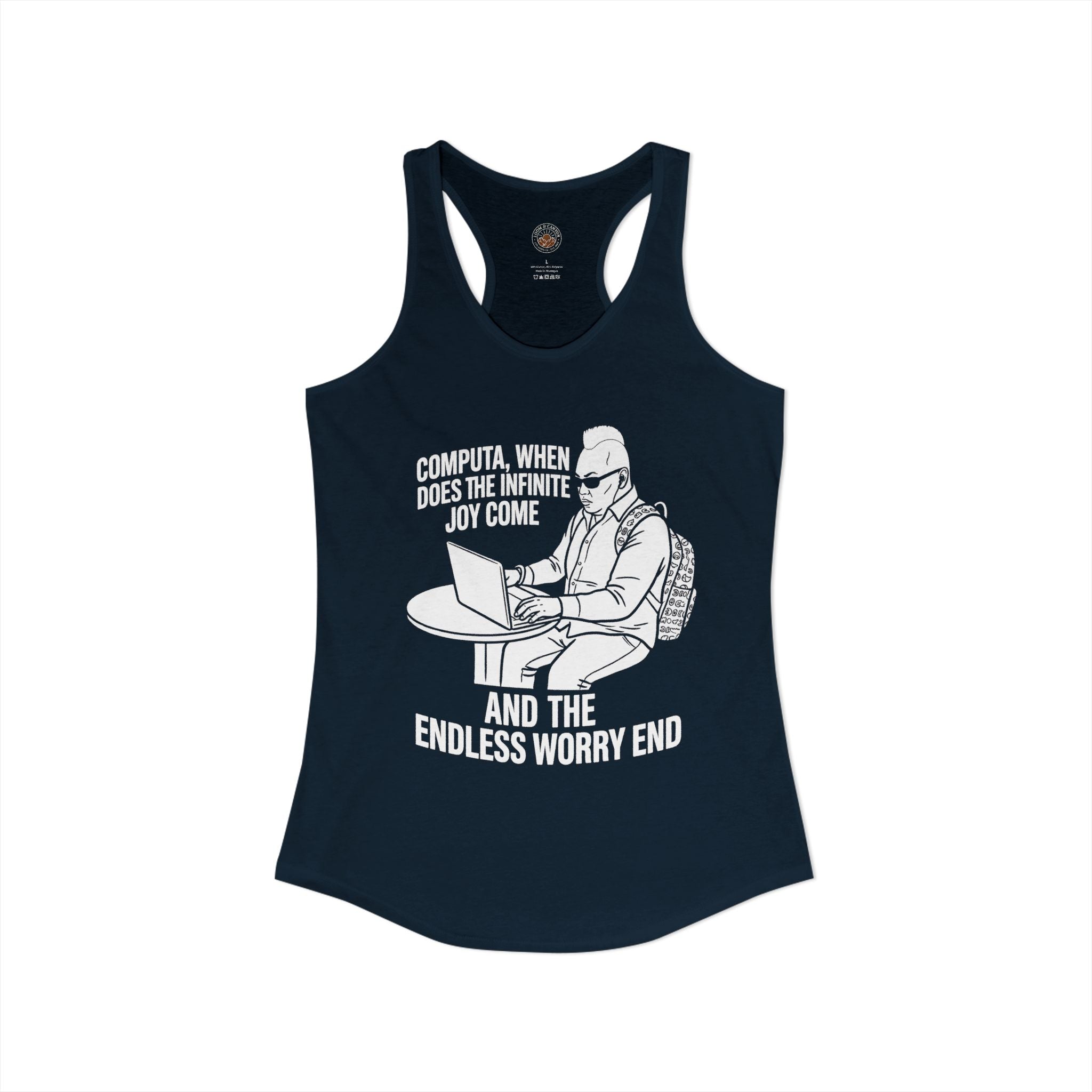"Computa, When Does The Infinite Joy Come" Funny Meme Women's Graphic Racerback Tank