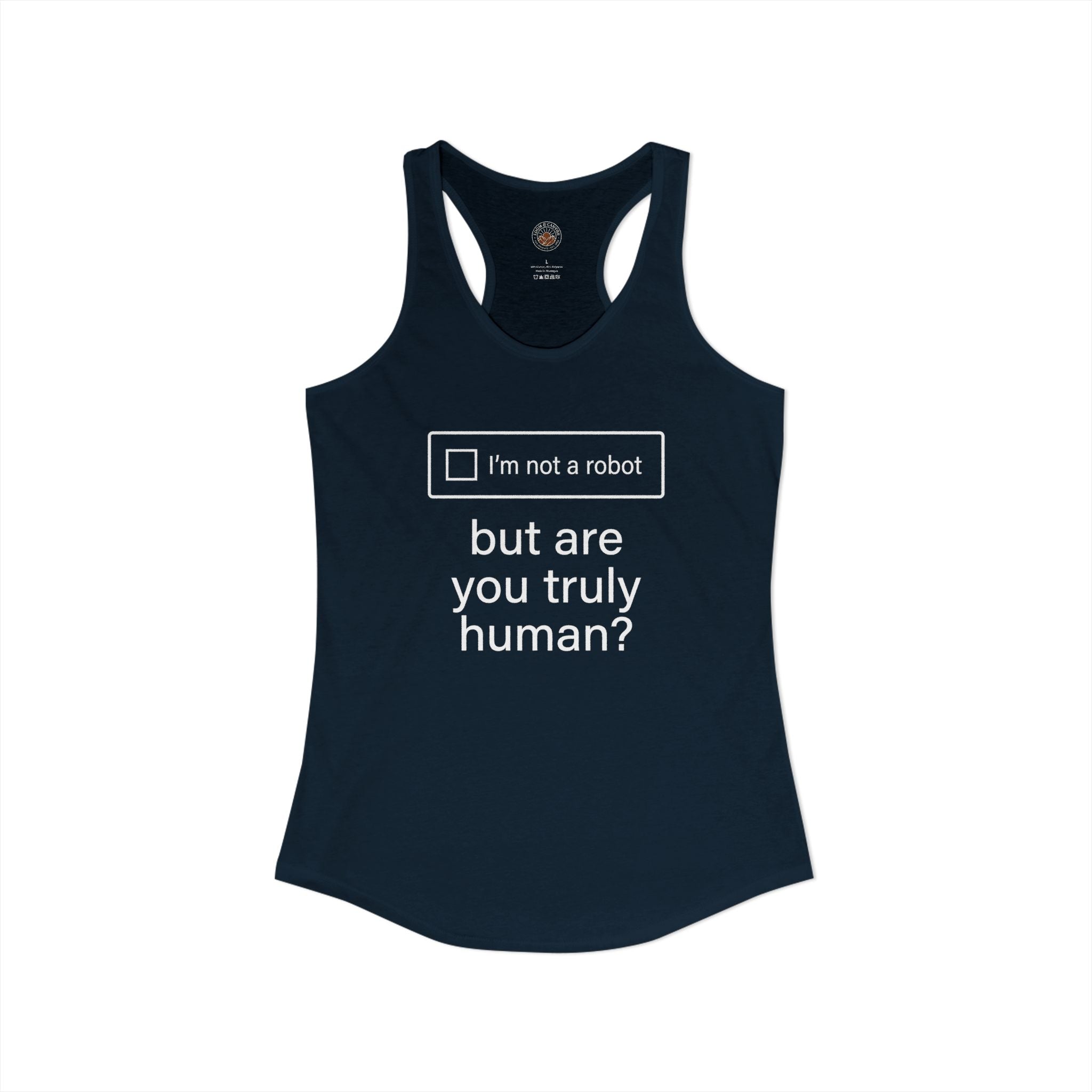 "But Are You Truly Human?" Meme Women's Racerback Tank